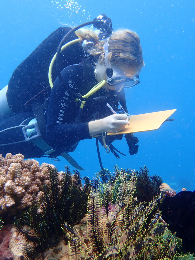 Charlotte writes notes on a pad designed to work underwater as she Scuba dives.