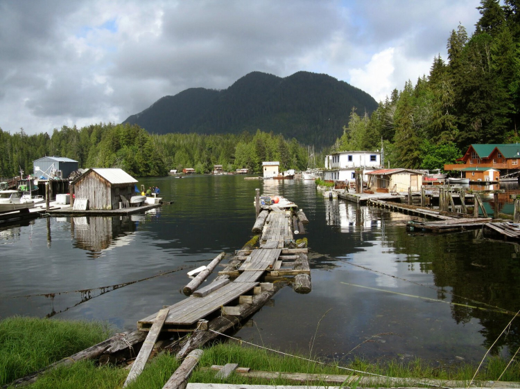 Docks with small shacks line the coast of an inlet. A tree covered mountain can be seen in the distance.